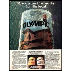 1985 Olympic Exterior Oil Stain Vintage Print Ad Cedar Wood House Rain Wall Art